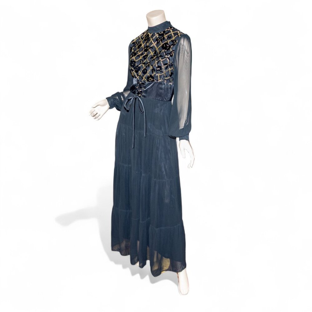 Vintage 70s Shubette of London Velvet Devore Prairie Gothic Maxi Dress * Medium - Picture 3 of 13